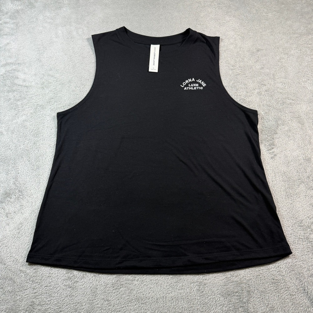 Lorna Jane Muscle Tank Top Women Large Black Luxe Athletic Graphic